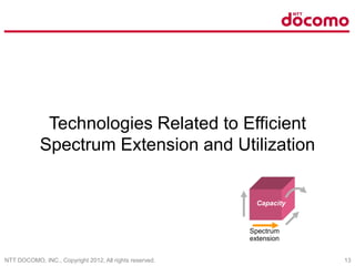 NTT DOCOMO, INC., Copyright 2012, All rights reserved. 13
Technologies Related to Efficient
Spectrum Extension and Utilization
Spectrum
extension
Capacity
 