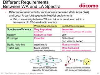 NTT DOCOMO, INC., Copyright 2012, All rights reserved. 21
Different Requirements
Between WA and LA Spectra
• Different requirements for radio access between Wide Area (WA)
and Local Area (LA) spectra in HetNet deployments
– But, commonality between WA and LA to be considered within a
framework of LTE-based radio interface
Macro-cellular deployments
supporting full coverage area
Various local area scenarios
with low-power nodes/devices
Wide Area spectrum Local Area spectrum
Spectrum efficiency Very important
(limited BW)
Important
(may not be critical if large BW available)
Mobility Medium-to-High Low
Coverage Essential Not critical
(but wider is better)
DL/UL radio link Asymmetric More symmetric
Traffic load More uniform
(many users & cell planning)
More fluctuated
(less users & non-uniform deployments)
 
