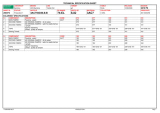 TECHNICAL SPECIFICATION SHEET
                   LINEGROUP             BRAND                  LINE                        TARGET                              FAMILY                   RELEASE         SEASON
                   Bambino               UCB Bambino            Toddler Kid                 girl                                Pants                    12/06/2009      2010 PE
SHEET N.           STATUS                ARTICLE                               SZ RANGE     PROTO SZ             MATERIAL       COLLECTION                               PRES.DATE
200373             Production/1          4AC756G50.B.B                         74-EL        S,82                 3AC7           4 GIRL                                   2B1-30/04/09

COLORWAY SPECIFICATIONS
N       COMPONENT                 DESCRIPTION                                      CODE          075                  077                100             101             161
1       MAIN FABRIC               Popeline - poplin                                3AC7          075                  077                100             101             161
2       SECOND FABRIC             AS ORIGINAL SAMPLE - rib for sides                             075                  077                100             101             161
                                  AS ORIGINAL SAMPLE - satin for elastic belt as
3       SECOND FABRIC                                                                            075                  077                100             101             161
                                   sample
                                  tape for drawstring
4       TAPE                                                                                     075+write 101        077+write 101      100+write 101   228+write 101   161+write 101
                                  printed , quality as sample
5       Sewing Thread                                                                            075                  077                100             101             161


N       COMPONENT                 DESCRIPTION                                      CODE          180                  182                203             228             342
1       MAIN FABRIC               Popeline - poplin                                3AC7          180                  182                203             228             342
2       SECOND FABRIC             AS ORIGINAL SAMPLE - rib for sides                             180                  182                203             228             342
                                  AS ORIGINAL SAMPLE - satin for elastic belt as
3       SECOND FABRIC                                                                            180                  182                203             228             342
                                   sample
                                  tape for drawstring
4       TAPE                                                                                     180+write 101        182+write 101      203+write 101   228+write 101   342+write 101
                                  printed , quality as sample
5       Sewing Thread                                                                            180                  182                203             228             342




17/06/2009 09:27                                                                                - PRODUCTION -                                                                           Pag. 7
 