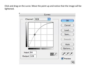 Click and drag on the curve. Move the point up and notice that the image will be lightened.  