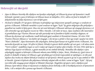 • Sipas të dhënave historike dhe objekteve me karakter arkeologjik, në Elbasan ka jetuar një komunitet i madh
hebrenjsh. Gjurmët e para të hebrenjve në Elbasan hasen në shekullin e XIII, ndërsa në fund të shekullit XV
dokumentohet me fakte ekzistenca e tyre në këtë qytet.
• Në fund të shekullit XV një pjesë e hebrenjve të përndjekur nga inkuizicioni spanjoll e portugez u vendosën në
qytetin e Elbasanit. Fillimisht mendohet se janë vendosur në lagjen “Kala” ku gjetën mikpritjen dhe përkrahjen e
popullsisë me traditë të këtij qyteti. Disa vite më vonë hebrenjtë e Elbasanit ndërtuan një sinagogë ekzistenca e së
cilës vërtetohet nga një fragment rozoni me Yllin e Davidit, i cili ruhet në muze. Sipas studimeve dhe materialeve
të grumbulluara nga Visarion Xhuvani një ndër patriarkët më të famshëm të kishës ortodokse shqiptare, në
Elbasan ka ekzistuar një vendbanim i madh hebrenjsh gjatë sundimit të Perandorisë Osmane. Në vitin 1930
Visarion Xhuvani shkruan se “ata kishin një sinagogë, e cila më pas u përdor si han nga turqit i quajtur me emrin
“Hani i Shehetilës”. Sipas historianëve dhe arkeologëve, hebrenj kanë banuar në të gjithë trevën e Elbasanit. Ata
merreshin kryesisht me tregti. Në afërsi të fshatit Xibrakë të qytezës Belsh ndodhet një varr guri, i cili mban emrin
“Varri i Çifutit”. Gojëdhëna tregon se varri i takon një tregtari të njohur çifut të kohës. Në vitin 1930, kohë kur u
ndërtua tregu kryesor në Elbasan, u gjetën monedha ari me simbole hebraike. Monedhat dhe objektet e tjera
arkeologjike tregojnë se hebrenjtë e Elbasanit mbanin emra biblikë si Jakov, Moisi, Abraham etj. Gjatë viteve të
fundit të shekullit të kaluar në Elbasan u gjet një pllakë guri në formë trapezoidale në sipërfaqen e së cilës janë
skalitur disa rreshta me shkrim hebraik të vendosur në një kornizë. Përreth saj janë 6 yje me 6 cepa simbole të Yllit
të Davidit. Gjurmë të kulturës dhe piketimeve hebraike takojmë edhe në ditët e sotme në lagjen “Kala”. Një prej
tyre është edhe sinagoga pranë shtëpisë së Dhimitër Shuteriqit. Megjithëse një pjesë e mirë e objekteve janë
dëmtuar, kanë mbetur shenja të ekzistencës së objekteve fetare hebraike si dhe të bashkëekzistencës së komunitetit
hebre, i cili u mirëprit dhe u pranua nga banorët e Elbasanit.
 