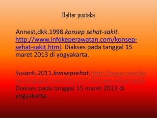 Daftar pustaka
Annest,dkk.1998.konsep sehat-sakit.
http://www.infokeperawatan.com/konsep-
sehat-sakit.html. Diakses pada tanggal 15
maret 2013 di yogyakarta.
Susanti.2011.konsepsehat.http://www.mardia
na.blogspot.com/2011/27/konsep sehat.html.
Diakses pada tanggal 15 maret 2013 di
yogyakarta.
 