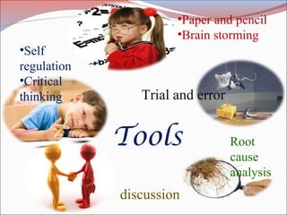 •Paper and pencil
•Brain storming
Root
cause
analysis
Trial and error
Tools
discussion
•Self
regulation
•Critical
thinking
 