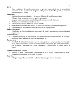 7
U.T.P. :
 Crear condiciones de trabajo colaborativo en pos del mejoramiento de los aprendizajes
cautelando el fiel cumplimiento de planes y Programas de Estudios y toda la normativa
técnica-pedagógica vigente
Orientador:
 Establecer lineamientos educativo – formativos al interior de los diferentes niveles.
 Velar por el que los alumnos usen los apoyos sicosociales.
 Asegurar la existencia de información útil para la toma oportuna de decisiones.
 Planificar y coordinar las actividades del área.
 Administrar los recursos del área en función del P.E.I.
 Orientar a los estudiantes en el proceso de educación vocacional y/o de desarrollo personal.
 Entregar apoyo al profesor en el manejo y desarrollo de su grupo curso.
De los Codocentes :
 Cumplir con las funciones inherentes a sus cargos de manera responsable y en un ambiente de
respeto mutuo.
Administrativos :
 Cumplir fielmente con las funciones que sus cargos demandan, desarrollar labores de secretaria,
atención de apoderados y archivo de correspondencia, etc.
Paradocente:
 Cautelar la disciplina de los alumnos (as9 en patios, pasillos, y recreos, controlar la formación
de los cursos ,inasistencias, el buen uso de los muebles y materiales, por parte de los alumnos,
citar y atender a los apoderados cuando corresponda , cumplir turnos de patios, pasillos y
puerta.
Auxiliares de Servicio Menores :
 Mantener el orden y aseo de todas las dependencias de la escuela, cumplir turnos de puerta,
toque de timbres, cuidado de la escuela en general.
Guardia :
 Velar por la seguridad del inmueble y todas los elementos que en el se encuentren.

 