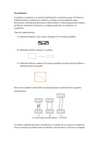 Procedimiento
La probeta se comprime y se registra la deformación con distintas cargas. El esfuerzo y
la deformación de compresión se calculan y se trazan como un diagrama cargadeformación, utilizado para determinar el límite elástico, el límite proporcional, el punto
de fluencia, el esfuerzo de fluencia y, en algunos materiales, la resistencia a la
compresión.
Tipos de comportamiento:
A) Materiales frágiles: acero, bronce. Rompen a 45º en forma de diábolo.

B) Materiales dúctiles: aluminio. Se aplasta.

C) Materiales fibrosos: madera. Si la carga es paralela a la dirección de las fibras se
denomina rotura escalonada

Para evitar el pandeo la altura debe ser pequeña porque se producirían las siguientes
deformaciones:

El método empleado para hacer esta práctica es el propio de un ensayo de compresión.
Una vez tenemos las probetas (dos de aluminio y una de bronce) se llevan a la máquina

 