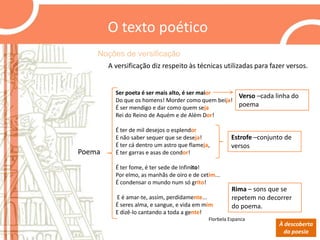 O texto poético
Noções de versificação
A versificação diz respeito às técnicas utilizadas para fazer versos.

Ser poeta é ser mais alto, é ser maior
Verso –cada linha do
Do que os homens! Morder como quem beija!
poema
É ser mendigo e dar como quem seja
Rei do Reino de Aquém e de Além Dor!

Poema

É ter de mil desejos o esplendor
E não saber sequer que se deseja!
É ter cá dentro um astro que flameja,
É ter garras e asas de condor!

Estrofe –conjunto de
versos

É ter fome, é ter sede de Infinito!
Por elmo, as manhãs de oiro e de cetim...
É condensar o mundo num só grito!
E é amar-te, assim, perdidamente...
É seres alma, e sangue, e vida em mim
E dizê-lo cantando a toda a gente!

Rima – sons que se
repetem no decorrer
do poema.

Florbela Espanca

À descoberta
da poesia

 