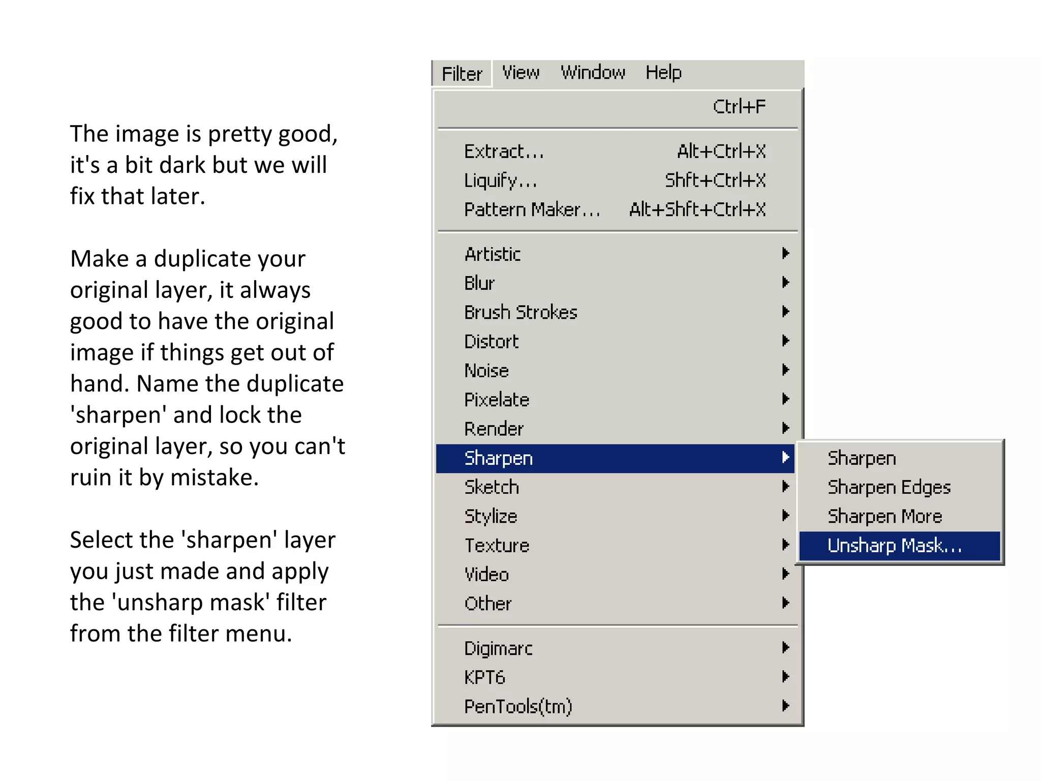 The image is pretty good, it's a bit dark but we will fix that later. Make a duplicate your original layer, it always good to have the original image if things get out of hand. Name the duplicate 'sharpen' and lock the original layer, so you can't ruin it by mistake. Select the 'sharpen' layer you just made and apply the 'unsharp mask' filter from the filter menu. 