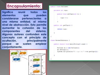 Encapsulamiento:
Significa
reunir
todos
los
elementos
que
pueden
considerarse pertenecientes a
una misma entidad, al mismo
nivel de abstracción. Esto permite
aumentar la cohesión de los
componentes
del
sistema.
Algunos autores confunden este
concepto con el principio de
ocultación,
principalmente
porque
se
suelen
emplear
conjuntamente.

 
