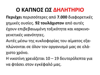 Ο ΚΑΠΝΟΣ ΩΣ ΔΗΛΗΤΗΡΙΟ
Περιέχει περισσότερες από 7.000 διαφορετικές
χημικές ουσίες. 92 τουλάχιστον από αυτές
έχουν επιβεβαιωμένη τοξικότητα και καρκινο-
γενετικές ικανότητες.
Αυτές μέσω της κυκλοφορίας του αίματος εξα-
πλώνονται σε όλον τον οργανισμό μας σε ελά-
χιστο χρόνο.
Η νικοτίνη χρειάζεται 10 – 19 δευτερόλεπτα για
να φτάσει στον εγκέφαλό μας.
 