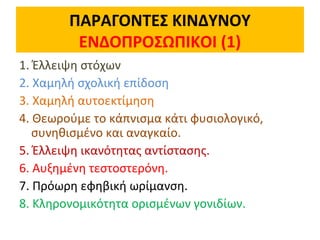 ΠΑΡΑΓΟΝΤΕΣ ΚΙΝΔΥΝΟΥ
ΕΝΔΟΠΡΟΣΩΠΙΚΟΙ (1)
1. Έλλειψη στόχων
2. Χαμηλή σχολική επίδοση
3. Χαμηλή αυτοεκτίμηση
4. Θεωρούμε το κάπνισμα κάτι φυσιολογικό,
συνηθισμένο και αναγκαίο.
5. Έλλειψη ικανότητας αντίστασης.
6. Αυξημένη τεστοστερόνη.
7. Πρόωρη εφηβική ωρίμανση.
8. Κληρονομικότητα ορισμένων γονιδίων.
 
