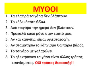 ΜΥΘΟΙ
1. Τα ελαφρά τσιγάρα δεν βλάπτουν.
2. Το κόβω όποτε θέλω.
3. Δύο τσιγάρα την ημέρα δεν βλάπτουν.
4. Προκαλώ κακό μόνο στον εαυτό μου.
5. Αν και καπνίζω, είμαι υγιέστατος/η.
6. Αν σταματήσω το κάπνισμα θα πάρω βάρος.
7. Το τσιγάρο με χαλαρώνει.
8. Το ηλεκτρονικό τσιγάρο είναι άλλος τρόπος
καπνίσματος. ΟΧΙ τρόπος διακοπής!!
 