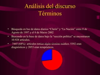 Análisis del discurso
Términos
• Búsqueda en bse de datos diarios “Clarin” y “La Nación” entre 8 de
Agosto de 1997 y el 8 de Marzo 2002
• Buscando en la base de datos bajo la “sección política” se encontraron
10.928 artículos.
• 7445 (68%) artículos tenían algún término médico. 5392 eran
diagnósticos y 2053 eran terapéuticos.
Proporción de términos diagnósticos y terapéuticos
5304
1953
 
