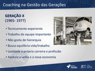 Coaching na Gestão das Gerações 
GERAÇÃO X 
(1965- 1977) 
• Tecnicamente experiente 
• Trabalho de equipe importante 
• Não gosta de hierarquia 
• Busca equilíbrio vida/trabalho 
• Lealdade a própria carreira e profissão 
• Aprecia a velha e a nova economia 
 