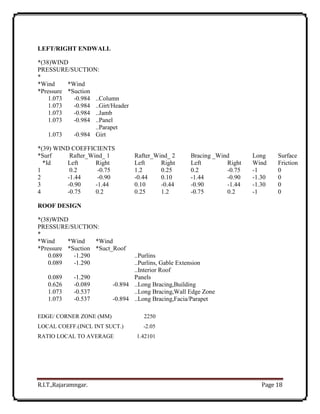 R.I.T.,Rajaramngar. Page 18
LEFT/RIGHT ENDWALL
*(38)WIND
PRESSURE/SUCTION:
*
*Wind *Wind
*Pressure *Suction
1.073 -0.984 ..Column
1.073 -0.984 ..Girt/Header
1.073 -0.984 ..Jamb
1.073 -0.984 ..Panel
1.073 -0.984
..Parapet
Girt
*(39) WIND COEFFICIENTS
*Surf Rafter_Wind_ 1 Rafter_Wind_ 2 Bracing _Wind Long Surface
*Id Left Right Left Right Left Right Wind Friction
1 0.2 -0.75 1.2 0.25 0.2 -0.75 -1 0
2 -1.44 -0.90 -0.44 0.10 -1.44 -0.90 -1.30 0
3 -0.90 -1.44 0.10 -0.44 -0.90 -1.44 -1.30 0
4 -0.75 0.2 0.25 1.2 -0.75 0.2 -1 0
ROOF DESIGN
*(38)WIND
PRESSURE/SUCTION:
*
*Wind *Wind *Wind
*Pressure *Suction *Suct_Roof
0.089 -1.290 ..Purlins
0.089 -1.290 ..Purlins, Gable Extension
0.089 -1.290
..Interior Roof
Panels
0.626 -0.089 -0.894 ..Long Bracing,Building
1.073 -0.537 ..Long Bracing,Wall Edge Zone
1.073 -0.537 -0.894 ..Long Bracing,Facia/Parapet
EDGE/ CORNER ZONE (MM) 2250
LOCAL COEFF.(INCL INT SUCT.) -2.05
RATIO LOCAL TO AVERAGE 1.42101
 