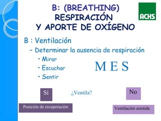 B : Ventilación
– Determinar la ausencia de respiración
• Mirar
• Escuchar
• Sentir
M E S
¿Ventila?Sí No
Posición de recuperación Ventilación asistida
B: (BREATHING)
RESPIRACIÓN
Y APORTE DE OXÍGENO
 