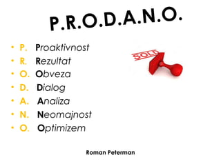 P.R.O.D.A.N.O.
• P. Proaktivnost
• R. Rezultat
• O. Obveza
• D. Dialog
• A. Analiza
• N. Neomajnost
• O. Optimizem
Roman Peterman
 