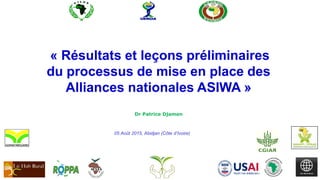 Dr Patrice Djamen
05 Août 2015, Abidjan (Côte d’Ivoire)
« Résultats et leçons préliminaires
du processus de mise en place des
Alliances nationales ASIWA »
 