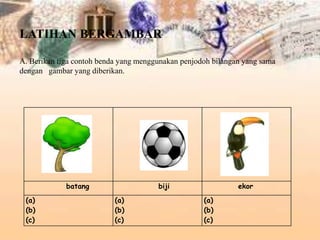 batang biji helai
(a)
(b)
(c)
(a)
(b)
(c)
(a)
(b)
(c)
bilah ulas buah
(a)
(b)
(c)
(a)
(b)
(c)
(a)
(b)
(c)
batang biji ekor
(a)
(b)
(c)
(a)
(b)
(c)
(a)
(b)
(c)
LATIHAN BERGAMBAR
A. Berikan tiga contoh benda yang menggunakan penjodoh bilangan yang sama
dengan gambar yang diberikan.
 