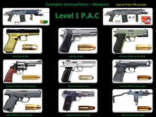 Glock Cal. 45 GAP Colt Cal. 45 ACP SIG Sauer P226 Cal. 40 S & W
Steyr M-A1 Cal. 357 SIG max. Tokarev TT33 Cal. 7.62 X 25 Mini Uzi Cal. 9mm Luger
gauge
Special Prison MB concept
Revolver S & W Cal. 357 Magnum EAA Cal. 38 Súper Auto Beretta M92 Cal. 9mm Luger
 