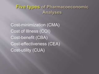 Cost-minimization (CMA)
Cost of Illness (COI)
Cost-benefit (CBA)
Cost-effectiveness (CEA)
Cost-utility (CUA)
 