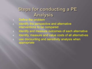 1. Define the problem
2. Identify the perspective and alternative
interventions to be compared
3. Identify and measure outcomes of each alternative
4. Identify, measure and value costs of all alternatives
5. use discounting and sensitivity analysis when
appropriate
 