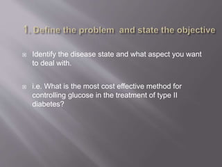  Identify the disease state and what aspect you want
to deal with.
 i.e. What is the most cost effective method for
controlling glucose in the treatment of type II
diabetes?
 