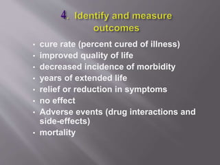 • cure rate (percent cured of illness)
• improved quality of life
• decreased incidence of morbidity
• years of extended life
• relief or reduction in symptoms
• no effect
• Adverse events (drug interactions and
side-effects)
• mortality
 