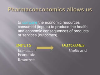 to compare the economic resources
consumed (inputs) to produce the health
and economic consequences of products
or services (outcomes).
INPUTS OUTCOMES
Economic Health and
Economic
Resources
 