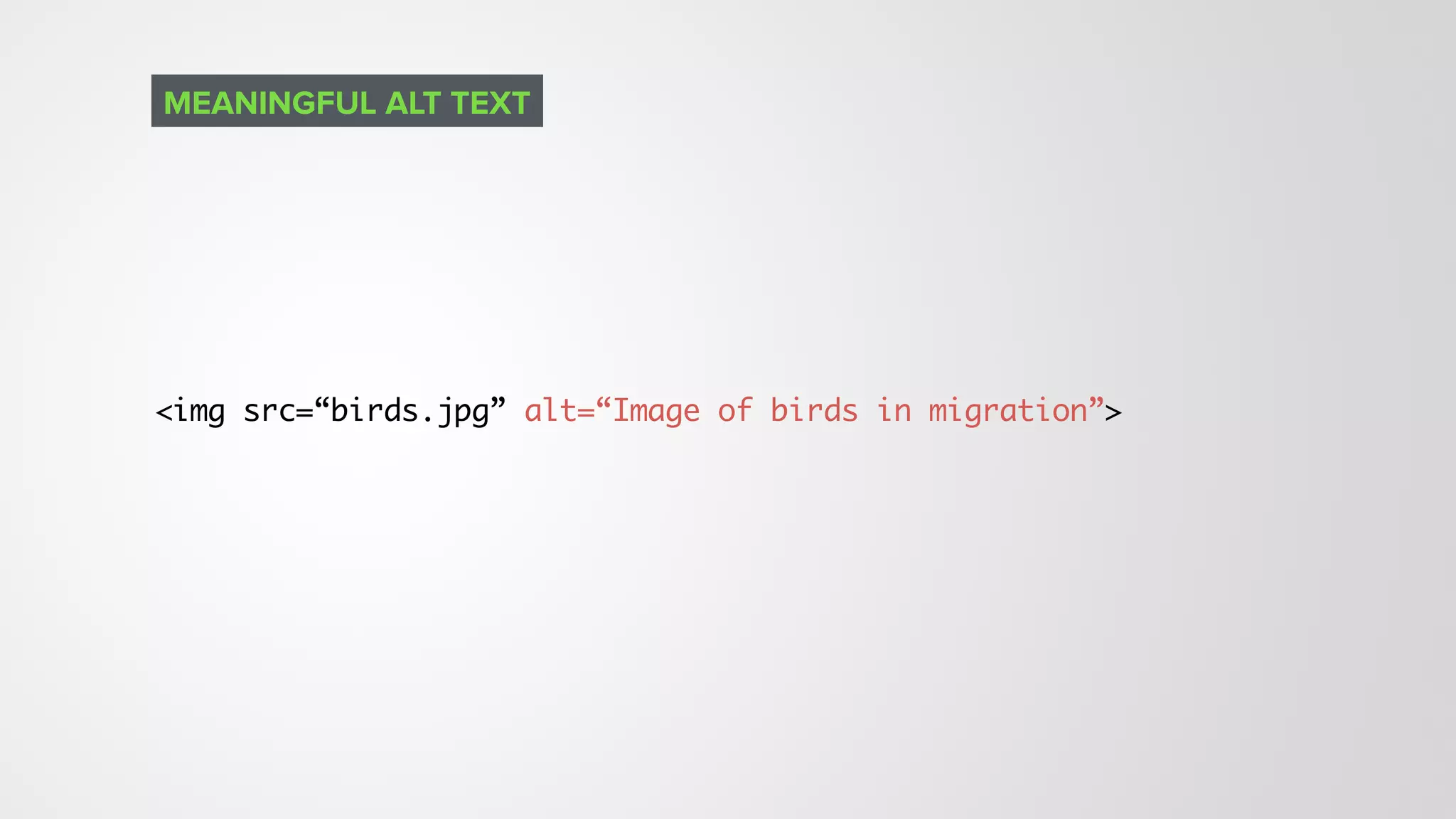 <img src=“birds.jpg” alt=“Image of birds in migration”>
MEANINGFUL ALT TEXT
 