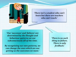 ‘There is no such
thing as failure.
There is only
feedback.’
‘Our ‘successes’ and ‘failures’ are
determined by the thought and
behaviour patterns we use
subconsciously all of the time.
By recognising our own patterns, we
can change the ones which are not
getting us the outcomes we want.’
‘There isn’t a student who can’t
learn but there are teachers
who can’t teach.’
 