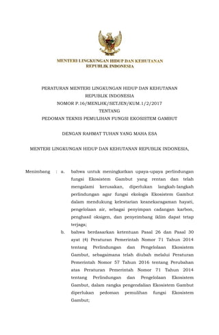 PERATURAN MENTERI LINGKUNGAN HIDUP DAN KEHUTANAN
REPUBLIK INDONESIA
NOMOR P.16/MENLHK/SETJEN/KUM.1/2/2017
TENTANG
PEDOMAN TEKNIS PEMULIHAN FUNGSI EKOSISTEM GAMBUT
DENGAN RAHMAT TUHAN YANG MAHA ESA
MENTERI LINGKUNGAN HIDUP DAN KEHUTANAN REPUBLIK INDONESIA,
Menimbang : a. bahwa untuk meningkatkan upaya-upaya perlindungan
fungsi Ekosistem Gambut yang rentan dan telah
mengalami kerusakan, diperlukan langkah-langkah
perlindungan agar fungsi ekologis Ekosistem Gambut
dalam mendukung kelestarian keanekaragaman hayati,
pengelolaan air, sebagai penyimpan cadangan karbon,
penghasil oksigen, dan penyeimbang iklim dapat tetap
terjaga;
b. bahwa berdasarkan ketentuan Pasal 26 dan Pasal 30
ayat (4) Peraturan Pemerintah Nomor 71 Tahun 2014
tentang Perlindungan dan Pengelolaan Ekosistem
Gambut, sebagaimana telah diubah melalui Peraturan
Pemerintah Nomor 57 Tahun 2016 tentang Perubahan
atas Peraturan Pemerintah Nomor 71 Tahun 2014
tentang Perlindungan dan Pengelolaan Ekosistem
Gambut, dalam rangka pengendalian Ekosistem Gambut
diperlukan pedoman pemulihan fungsi Ekosistem
Gambut;
 