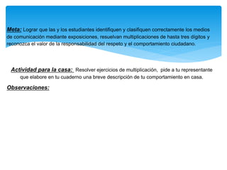 Meta: Lograr que las y los estudiantes identifiquen y clasifiquen correctamente los medios
de comunicación mediante exposiciones, resuelvan multiplicaciones de hasta tres dígitos y
reconozca el valor de la responsabilidad del respeto y el comportamiento ciudadano.
Actividad para la casa: Resolver ejercicios de multiplicación, pide a tu representante
que elabore en tu cuaderno una breve descripción de tu comportamiento en casa.
Observaciones:
 