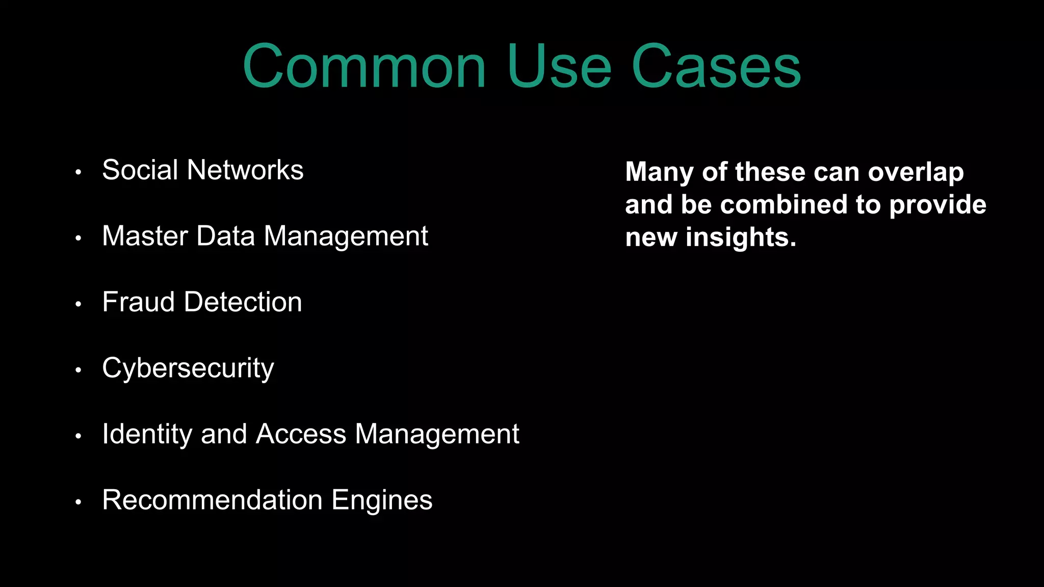 Common Use Cases
• Social Networks
• Master Data Management
• Fraud Detection
• Cybersecurity
• Identity and Access Management
• Recommendation Engines
Many of these can overlap
and be combined to provide
new insights.
 
