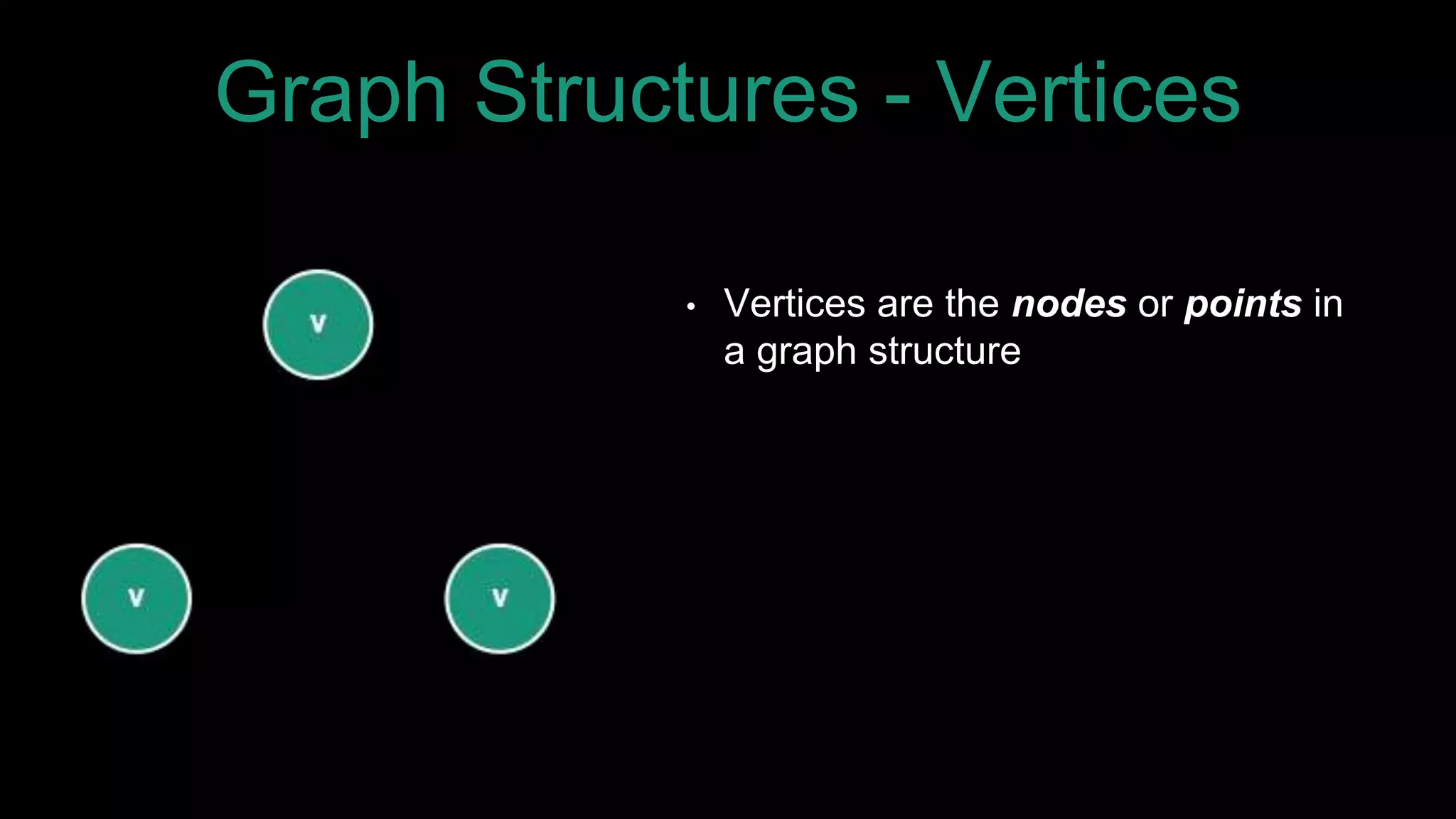 Graph Structures - Vertices
• Vertices are the nodes or points in
a graph structure
 