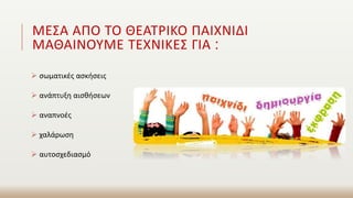 ΜΕΣΑ ΑΠΟ ΤΟ ΘΕΑΤΡΙΚΟ ΠΑΙΧΝΙΔΙ
ΜΑΘΑΙΝΟΥΜΕ ΤΕΧΝΙΚΕΣ ΓΙΑ :
 σωματικές ασκήσεις
 ανάπτυξη αισθήσεων
 αναπνοές
 χαλάρωση
 αυτοσχεδιασμό
 