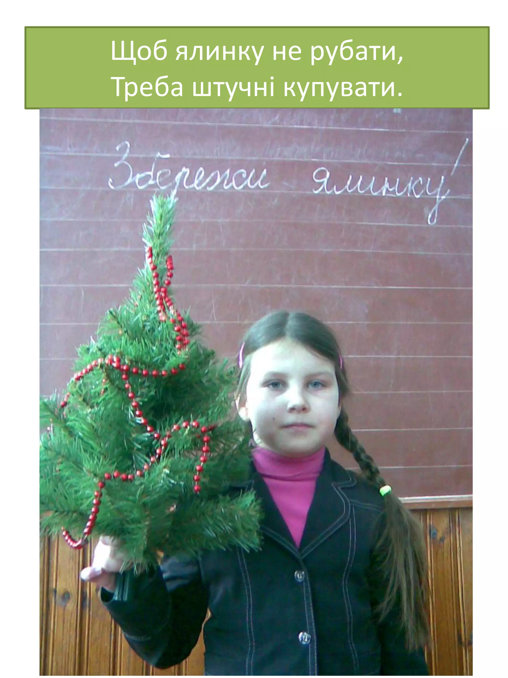 Щоб ялинку не рубати,
Треба штучні купувати.
 