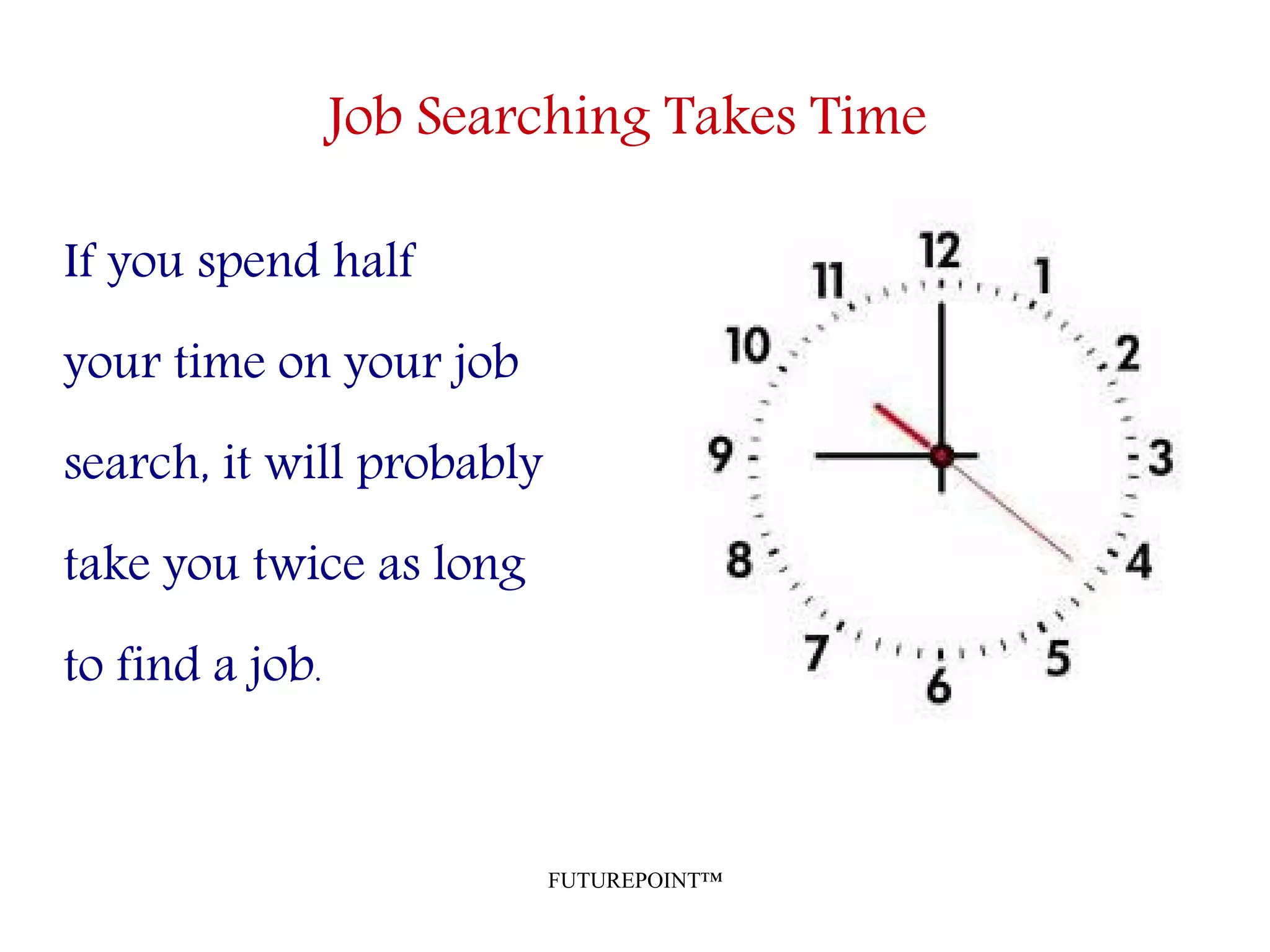FUTUREPOINT™
Job Searching Takes Time
If you spend half
your time on your job
search, it will probably
take you twice as long
to find a job.
 