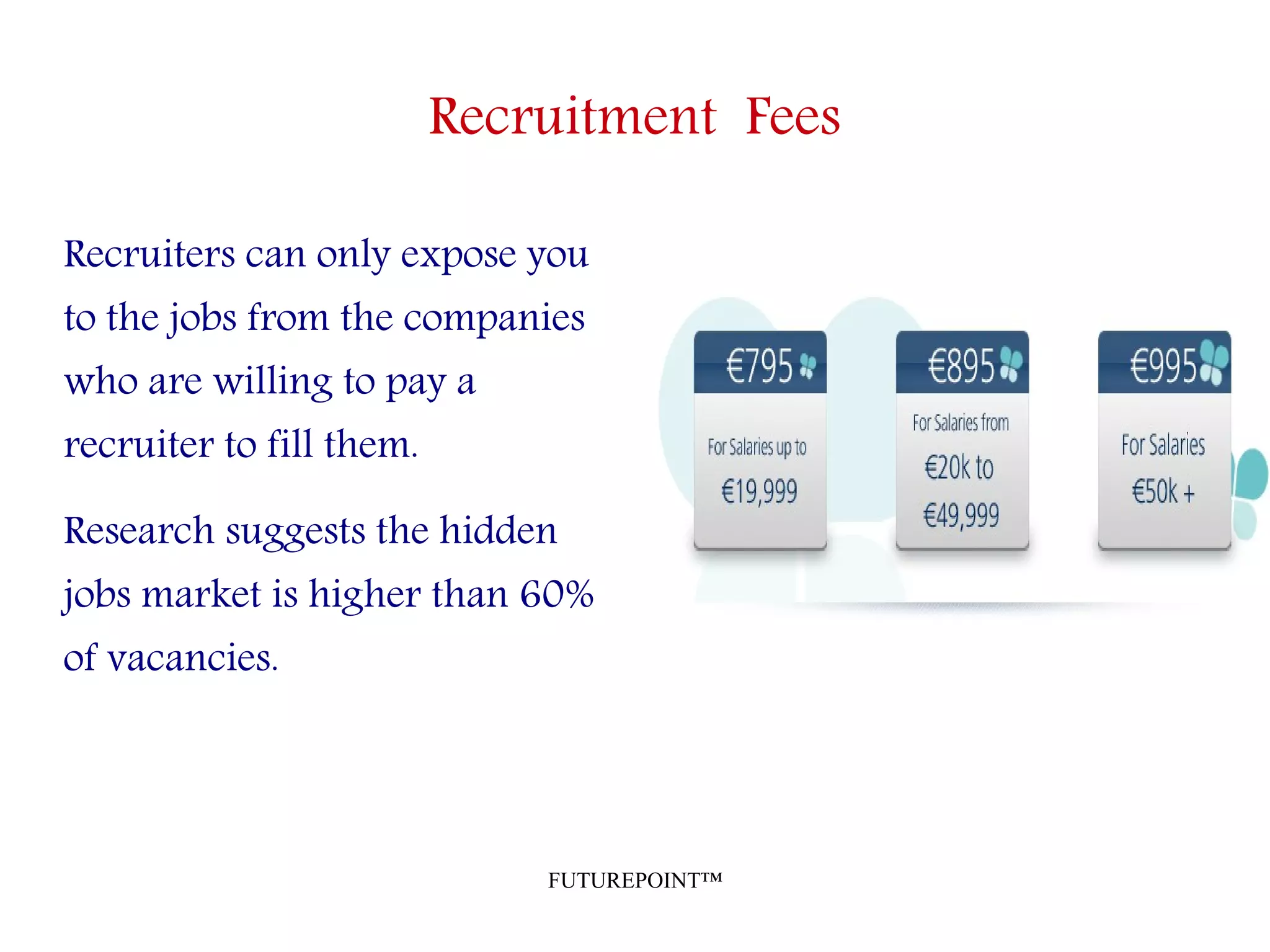 FUTUREPOINT™
Recruitment Fees
Recruiters can only expose you
to the jobs from the companies
who are willing to pay a
recruiter to fill them.
Research suggests the hidden
jobs market is higher than 60%
of vacancies.
 