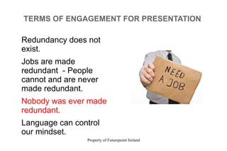 Property of Futurepoint Ireland
TERMS OF ENGAGEMENT FOR PRESENTATION
Redundancy does not
exist.
Jobs are made
redundant - People
cannot and are never
made redundant.
Nobody was ever made
redundant.
Language can control
our mindset.
 