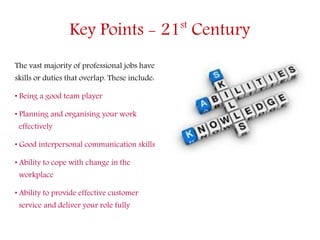 Key Points - 21st
Century
The vast majority of professional jobs have
skills or duties that overlap. These include:
• Bein...