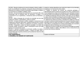 OG.CN.5.- Resolver problemas de la ciencia mediante el método científico, a
partir de la identificación de problemas, la búsqueda critica de información, la
elaboración de conjetura, el diseño de actividades experimentales, el análisis y
la comunicación de resultados confiables y éticos.
OG.CN.6.- Usar las tecnologías de la información y la comunicación (TIC) como
herramientas para la búsqueda critica de información, el análisis y la
comunicación de sus experiencias y conclusiones sobre los fenómenos y
hechos.
OG.CN.7.- Utilizar el lenguaje oral y el escrito con propiedad, así como otros
sistemas de notación y representación, cuando se requiera.
OG.CN.8.- Comunicar información científica, resultados y conclusiones de sus
indagaciones a diferentes interlocutores, mediante diversas técnicas y recursos,
la argumentación crítica y reflexiva y la justificación con pruebas y evidencias.
OG.CN.9.- Comprender y valorar los saberes ancestrales y la historia del
desarrollo científico, tecnológico y cultural, considerando la acción que estas
ejercen en la vida personal y social.
OG.CN.10.- Apreciar la importancia de la formación científica, los valores y
actitudes propios del pensamiento científico, y adoptar una actitud crítica y
fundamentada ante los grandes problemas que hoy planteanlas relaciones entre
ciencia y sociedad.
energía en cadenas alimenticias para evidenciar la relación de los elementos
biogenésicos con las funciones de las células.
4.- Analizar la estructura del Universo, las evidencias geológicas y
paleontológicas sobre los cambios que ha sufrido de la Tierra y el efecto de los
ciclos biogeoquímicos a través de la identificación de las actividades humanas
que han incidido en la modificación del cambio climático y calentamiento global.
5.- Identificar las relaciones entre el ser humano y otros seres vivos que afectan
su salud,a través delanálisis y la indagaciónpara buscaalternativas de controlar
las infecciones a través de barreras inmunológicas naturales y artificiales.
6.- Relacionar los cambios de posición y velocidad de los objetos por acción de
una fuerza, los efectos de lafuerza gravitacional,de la presiónabsolutay presión
atmosférica sobre los objetos que están en la superficie, mediante el análisis
crítico-reflexivo y la interpretación de modelos experimentales para comprender
la interacción entre los fenómenos que ocurren en el espacio.
7.- Relacionar los avances científicos conlos problemas ambientales que soporta
el planeta mediante el análisis crítico-reflexivo de las consecuencias que
provocan las emisiones radiactivas.
EJES TRANSVERSALES Cuidado del Ambiente
5. DESARROLLO DE UNIDADES DE PLANIFICACIÓN
 