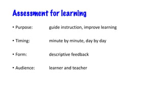 Assessment for learning
• Purpose: guide instruction, improve learning
• Timing: minute by minute, day by day
• Form: descriptive feedback
• Audience: learner and teacher
 