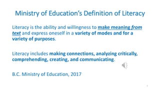 Ministry of Education’s Definition of Literacy
Literacy is the ability and willingness to make meaning from
text and express oneself in a variety of modes and for a
variety of purposes.
Literacy includes making connections, analyzing critically,
comprehending, creating, and communicating.
B.C. Ministry of Education, 2017
2
 