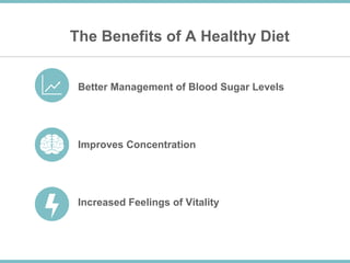 The Benefits of A Healthy Diet
Better Management of Blood Sugar Levels
Improves Concentration
Increased Feelings of Vitality
 