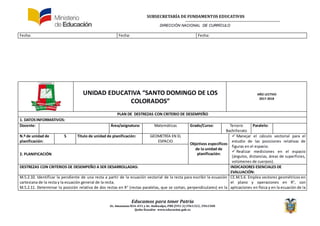 SUBSECRETARÍA DE FUNDAMENTOS EDUCATIV0S
DIRECCIÓN NACIONAL DE CURRÍCULO
Educamos para tener Patria
Av. Amazonas N34-451 y Av. Atahualpa, PBX (593-2)3961322, 3961508
Quito-Ecuador www.educacion.gob.ec
Fecha: Fecha: Fecha:
UNIDAD EDUCATIVA “SANTO DOMINGO DE LOS
COLORADOS”
AÑO LECTIVO
2017-2018
PLAN DE DESTREZAS CON CRITERIO DE DESEMPEÑO
1. DATOSINFORMATIVOS:
Docente: Área/asignatura: Matemáticas Grado/Curso: Tercero
Bachillerato
Paralelo:
N.º de unidad de
planificación:
5 Título de unidad de planificación: GEOMETRÍA EN EL
ESPACIO
Objetivos específicos
de la unidad de
planificación:
 Manejar el cálculo vectorial para el
estudio de las posiciones relativas de
figuras en el espacio.
 Realizar mediciones en el espacio
(ángulos, distancias, áreas de superficies,
volúmenes de cuerpos).
2. PLANIFICACIÓN
DESTREZAS CON CRITERIOS DE DESEMPEÑO A SER DESARROLLADAS: INDICADORES ESENCIALES DE
EVALUACIÓN:
M.5.2.10. Identificar la pendiente de una recta a partir de la ecuación vectorial de la recta para escribir la ecuación
cartesiana de la recta y la ecuación general de la recta.
M.5.2.11. Determinar la posición relativa de dos rectas en R3
(rectas paralelas, que se cortan, perpendiculares) en la
CE.M.5.6. Emplea vectores geométricos en
el plano y operaciones en R2
, con
aplicaciones en física y en la ecuación de la
 