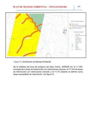 PLAN DE MANEJO AMBIENTAL – TITULO FGD-081 139
2600
CURVA DE NIVEL
LINEA DE TRANSMISION ELECTRICA
VIA FERREA
VIA SIN PAVIMENTAR
VIA PAVIMENTADA
CAMINO, SENDERO
RIO, Quebrada o zanjón
PANTANO
LAGOS
BOSQUES
REPRESAS
TANQUES DE AGUA
CONVENCIONES GENERALES
ZONIFICACION DE MANEJO AMBIENTAL
AREA DE EXCLUSION
INTERVENCION CON RESTRICCIONES MAYORES
SUCEPTIBLES DE INTERVENCION
INTERVENCION CON RESTRICCIONES MENORES
Figura 30. Zonificación de Manejo Ambiental
De la totalidad del área del polígono del título minero, 3000000 m2, el 11.16%
corresponde a áreas de intervención con restricciones mayores, el 77.14% de áreas
de intervención con restricciones menores y el 11.7% restante se definen como
áreas susceptibles de intervención. Ver figura 31.
 