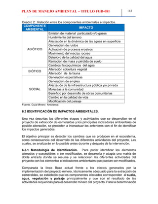 PLAN DE MANEJO AMBIENTAL – TITULO FGD-081 143
Cuadro 2 : Relación entre los componentes ambientales e Impactos.
COMPONENTE
AMBIENTAL
IMPACTO
ABIÓTICO
Emisión de material particulado y/o gases
Hundimiento del terreno
Afectación en la dinámica de las aguas en superficie
Generación de ruidos
Activación de procesos erosivos
Movimiento del macizo rocoso
Deterioro de la calidad del agua
Remoción de masa y pérdida de suelo
Cambios fisicoquímicos del agua
BIÓTICO
Alteración cobertura vegetal
Alteración de la fauna
SOCIAL
Generación expectativas
Generación de empleo
Afectación de la infraestructura pública y/o privada
Molestias a la comunidad
Beneficio por desarrollo de obras comunitarias
Cambio en la calidad de vida
Modificación del paisaje
Fuente. Guia Minero Ambiental.
6.3 IDENTIFICACIÓN DE IMPACTOS AMBIENTALES.
Una vez descritas las diferentes etapas y actividades que se desarrollan en el
proyecto de extracción de esmeraldas y los principales indicadores ambientales de
posible alteración, se proceden a interactuar los anteriores con el fin de identificar
los impactos generados.
El objetivo principal es detectar los cambios que se producen en el ecosistema,
como consecuencia del desarrollo de las diferentes actividades del proyecto, Las
cuales, se analizarán en lo posible antes durante y después de la intervención.
6.3.1 Metodología de Identificación. Para poder identificar los elementos
alterados y susceptibles a ser modificados, se desarrolla y adapta una matriz de
doble entrada donde se resume y se relacionan las diferentes actividades del
proyecto con los elementos e indicadores ambientales que puedan ser modificados.
Comparada la línea Base actual frente a los efectos generados por la
implementación del proyecto minero, técnicamente adecuado para la extracción de
esmeraldas, se estableció que los componentes afectados corresponden al suelo,
agua, vegetación y paisaje principalmente y que son el resultado de las
actividades requeridas para el desarrollo minero del proyecto. Para la determinación
 