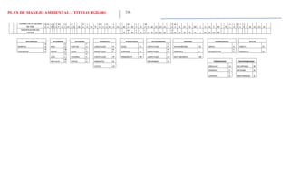 PLAN DE MANEJO AMBIENTAL – TITULO FGD-081 156
CAMBIO EN LA CALIDAD
DE VIDA
B
E
M
E
L
O
C
P
T
E
M
P S
A
C DI
C
O M BE
B
A
L
O IN TE
M
P S
A
C DI
C
O M BE
M
E RE
C
P TE
M
P S AC DI CO M
P
E
M
E RE CP TE MP S SI DI P RP PE
A
L
L
O
M
P
T
E
L
P S AC DI CO M
MODIFICACIÓN DEL
PAISAJE PE
M
E RE
C
P TE
C
P S SI DI CO M
P
E AL LO IN TE LP S AC DI CO M
NATURALEZA INTENSIDAD EXTENSIÓN MOMENTO PERSISTENCIA REVERSIBILIDAD SINERGIA ACUMULACIÓN EFECTO
BENEFICO
B
E BAJA
B
A PUNTUAL
P
U LARGO PLAZO LP FUGAZ FU CORTO PLAZO
C
P SIN SINERGISMO SS SIMPLE SI DIRECTO DI
PERJUDICIAL
P
E MEDIA
M
E LOCAL
L
O MEDIA PLAZO
M
P TEMPORAL TE MEDIA PLAZO
M
P SINÉRGICO S ACUMULATIVA
A
C INDIRECTO ID
ALTA
A
L REGIONAL
R
E CORTO PLAZO CP PERMANENTE PM LARGO PLAZO LP MUY SINEÉRGICO MS
MUY ALTA
M
A CRÍTICO
C
R INMEDIATO IN IRREVERSIBLE IR PERIDIOCIDAD RECUPERABILIDAD
CRITICO CR IRREGULAR IG RECUPERABLE RP
PERIÓDICO P MITIGABLE M
CONTINUO
C
O IRRECUPERABLE IC
 