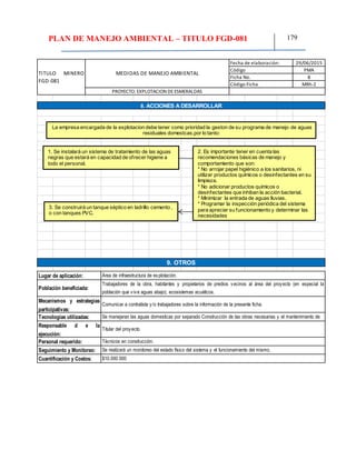PLAN DE MANEJO AMBIENTAL – TITULO FGD-081 179
29/06/2015
PMA
8
MRh-2
Tecnologías utilizadas: Se manejaran las aguas domesticas por separado Construcción de las obras necesarias y el mantenimiento de
Responsable d e la
ejecución:
Titular del proyecto.
Técnicos en construcción.
Se realizará un monitoreo del estado físico del sistema y el funcionamiento del mismo.
$10.000.000Cuantificación y Costos:
9. OTROS
Personal requerido:
Seguimiento y Monitoreo:
Lugar de aplicación: Área de infraestructura de explotación.
Población beneficiada:
Trabajadores de la obra, habitantes y propietarios de predios vecinos al área del proyecto (en especial la
población que vive aguas abajo); ecosistemas acuáticos.
Mecanismos y estrategias
participativas:
Comunicar a contratista y/o trabajadores sobre la información de la presente ficha.
8. ACCIONES A DESARROLLAR
TITULO MINERO
FGD-081
MEDIDAS DE MANEJO AMBIENTAL
Fecha de elaboración:
Código
Ficha No.
Código Ficha
PROYECTO: EXPLOTACION DEESMERALDAS
La empresa encargada de la explotacion debe tener como prioridad la geston de su programa de manejo de aguas
residuales domestcas,por lo tanto:
1. Se instalará un sistema de tratamiento de las aguas
negras que estará en capacidad de ofrecer higiene a
todo el personal.
2. Es importante tener en cuenta las
recomendaciones básicas de manejo y
comportamiento que son:
* No arrojar papel higiénico a los sanitarios, ni
utilizar productos químicos o desinfectantes en su
limpieza.
* No adicionar productos químicos o
desinfectantes que inhiban la acción bacterial.
* Minimizar la entrada de aguas lluvias.
* Programar la inspección periódica del sistema
para apreciar su funcionamiento y determinar las
necesidades
3. Se construirá un tanque séptico en ladrillo cemento ,
o con tanques PVC.
 