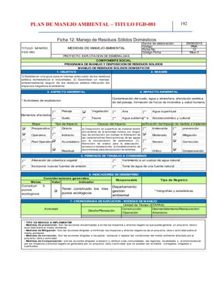 PLAN DE MANEJO AMBIENTAL – TITULO FGD-081 192
Ficha 12: Manejo de Residuos Sólidos Domésticos
29/06/2015
PMA
12
Mse-3
Paisaje Vegetación Aire Agua superficial
Suelo Fauna Agua subterranea
Preoperativa Directo Irrelevante prevención
Operativa Indirecto Moderado Mitigación
Post Operativa Acumulativo Severo Corrección
Residual Crítico Compensación
Valor
7. CRONOGRAMA DE EJECUCION - MEDIDAS DE MANEJO
Actividad
Unidad de Tiempo (ETAPAS)
Diseño/Planeación
Construcción
/Operación
Desmantelamiento/Restauración/
Abandono
Construir 3
punos
ecologicos
$2
Tener construido los tres
punos ecologicos
Departamento
gestión
ambiental
* fotografías y estadísticas
6. INDICADORES DE DESEMPEÑO
Consideraciones generales
Responsable Tipo de Registro
Metas indicador
a) Disposición en superficie de material estéril
proveniente de la actividad minera, sin ningún
tipo de protección y/o manejo b) Alteración de
las características fisicoquímicas de las aguas
por la incorporación de sedimentos. C)
Remoción de suelos para la adecuación
accesos e instalaciones. d) Establecimiento de
escombreras para discposición de estériles.
5. PERMISOS DE TRABAJO A CONSIDERAR
Alteración de cobertura vegetal Vertimiento a un cuerpo de agua natural
Incorporar nuevas fuentes de emisión Toma de agua de una fuente natural
Elementos afectados
Socioeconómico y cultural
Etapa Tipo de Impacto Causas del impacto Clasificación del ImpactoTipo de medida a implementar
3. ASPECTO AMBIENTAL 4. IMPACTO AMBIENTAL
* Actividaes de explotacion.
Contaminación del suelo, agua y atmosfera, afectación estética
de del paisaje, formación de focos de incendios y salud humana.
1) Establecer una guía para el manejo adecuado de los residuos
sólidos domeésticos e industriales. 2) Garantizar un manejo
ambientalmente seguro de los residuos sólidos miticando los
impactos negativos al ambiente
TITULO MINERO
FGD-081
MEDIDAS DE MANEJO AMBIENTAL
Fecha de elaboración:
Código
Ficha No.
Código Ficha
PROYECTO: EXPLOTACION DE ESMERALDAS
COMPONENTE SOCIAL
PROGRAMA DE MANEJO Y DISPOSICION DE RESIDUOS SOLIDOS
MANEJO DE RESIDUOS SOLIDOS DOMESTICOS
1. OBJETIVO 2. IMAGEN
* TIPO DE MEDIDA A IMPLEMENTAR
- Medidas de prevención: Son las acciones encaminadas a ev itar los impactos y ef ectos negativ os que pueda generar un proy ecto, obra o
activ idad sobre el medio ambiente.
- Medidas de Mitigación: Son las acciones dirigidas a minimizar los impactos y ef ectos negativ os de un proy ecto, obra o activ idad sobre el
medio ambiente.
- Medidas de corrección: Son las acciones dirigidas a recuperar, restaurar o reparar las condiciones del medio ambiente af ectado por el
proy ecto, obra o activ idad.
- Medidas de Compensación: son las acciones dirigidas a resarcir y retribuir a las comunidades, las regiones, localidades y al entornonatural
por los impactos o ef ectos negativ os generados por un proy ecto, obra o activ idad, que no puedan ser ev itados , corregidos, mtigados o
sustituidos.
 